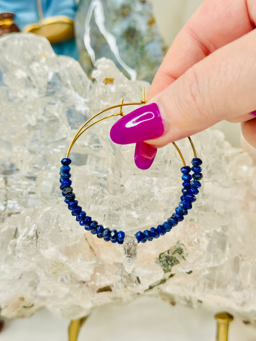 Lapis And Herkimer Diamond Hoop Earringd