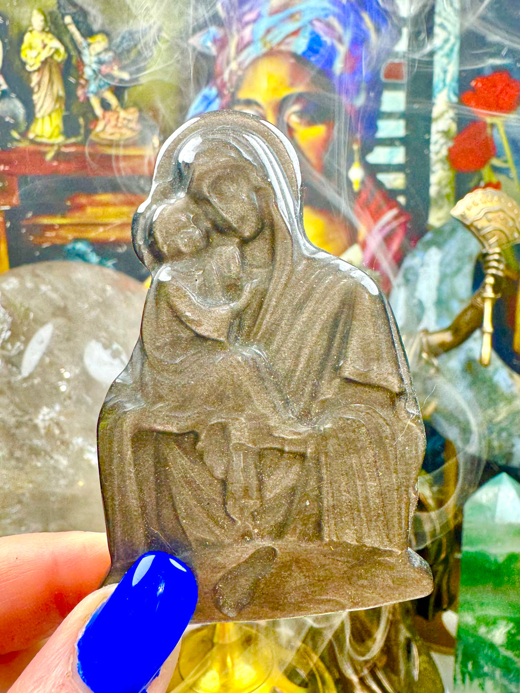 Virgin Mary With Child Silver Sheen Obsidian