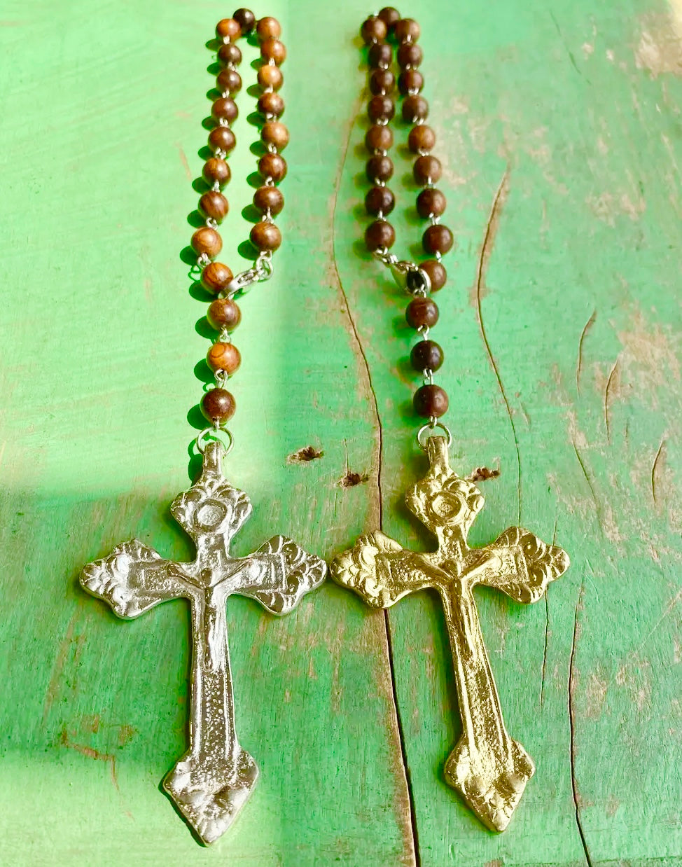 Car Rosary With Wood Beads And Gold Cross